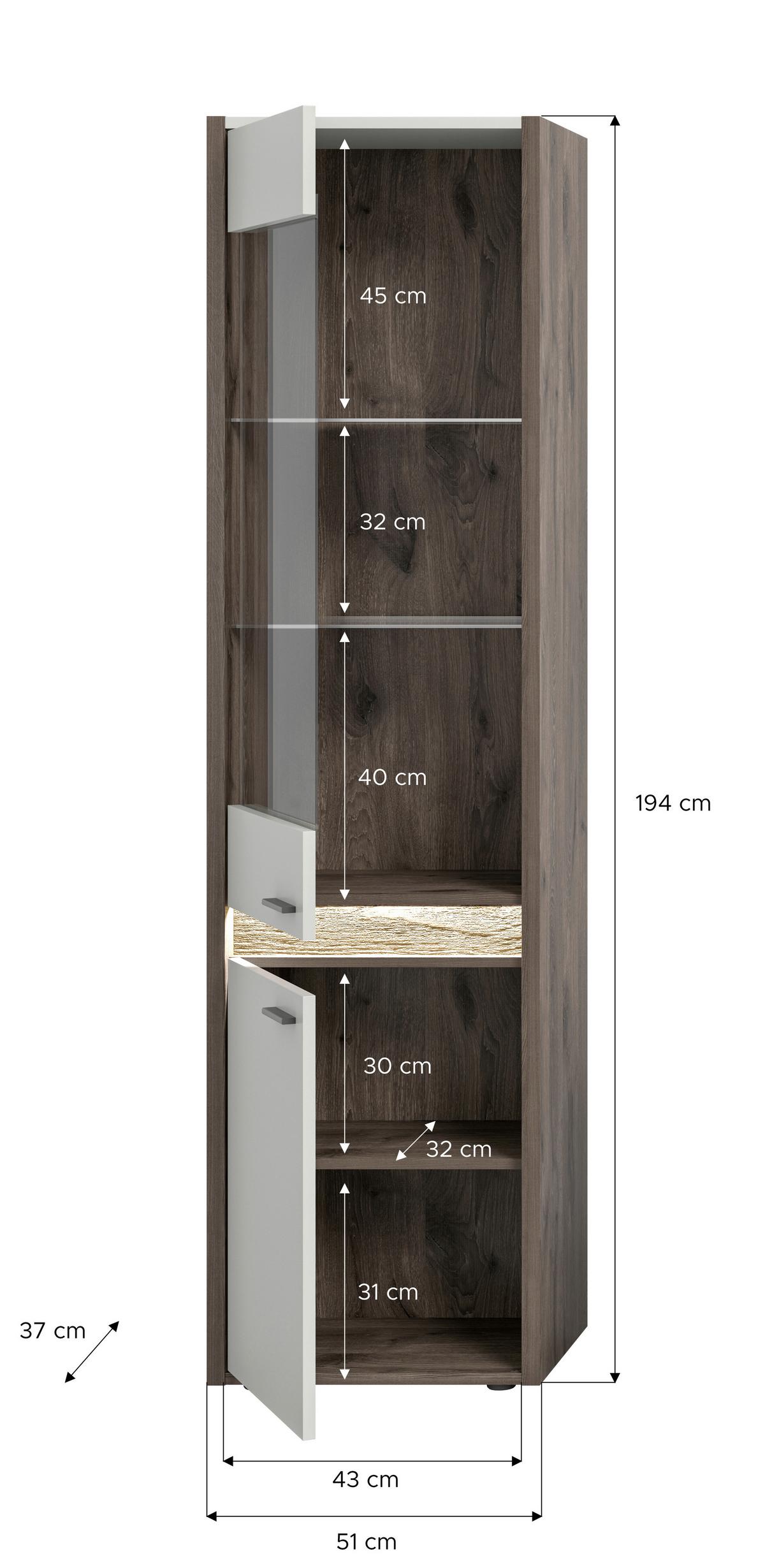Vitrine Falcona Nox Oak Hellgrau B: 198 cm - Design, Glas/Holzwerkstoff (198/51/37cm) - MID.YOU