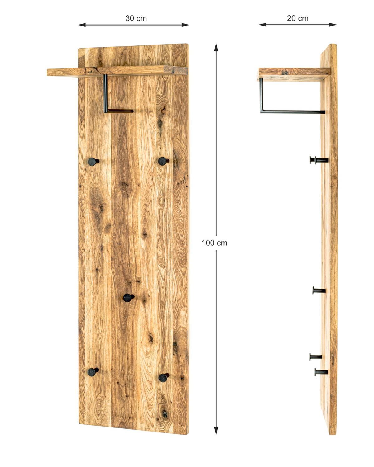 Garderobenpaneel Eiche Massiv Hutablage 5 Haken B: 30 Cm - Eichefarben/Schwarz, Basics, Holz/Metall (30/100/20cm)