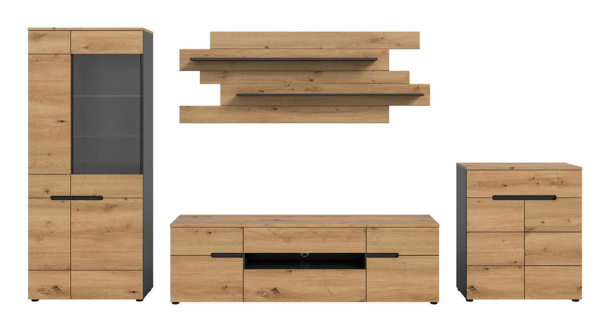 Wohnwand Canu Eiche Artisan Dekor B: 375cm - Schwarz/Eiche Artisan, Design, Holzwerkstoff (375/190/44cm) - Livetastic