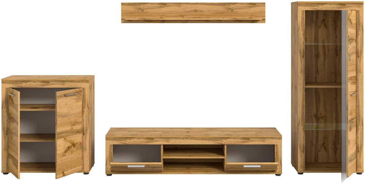 Wohnwand Jam Eiche Dekor 4-Teilig B: Ca. 330 Cm - Eiche Wotan/Schwarz, Design, Glas/Holzwerkstoff (330/159/35cm) - MID.YOU