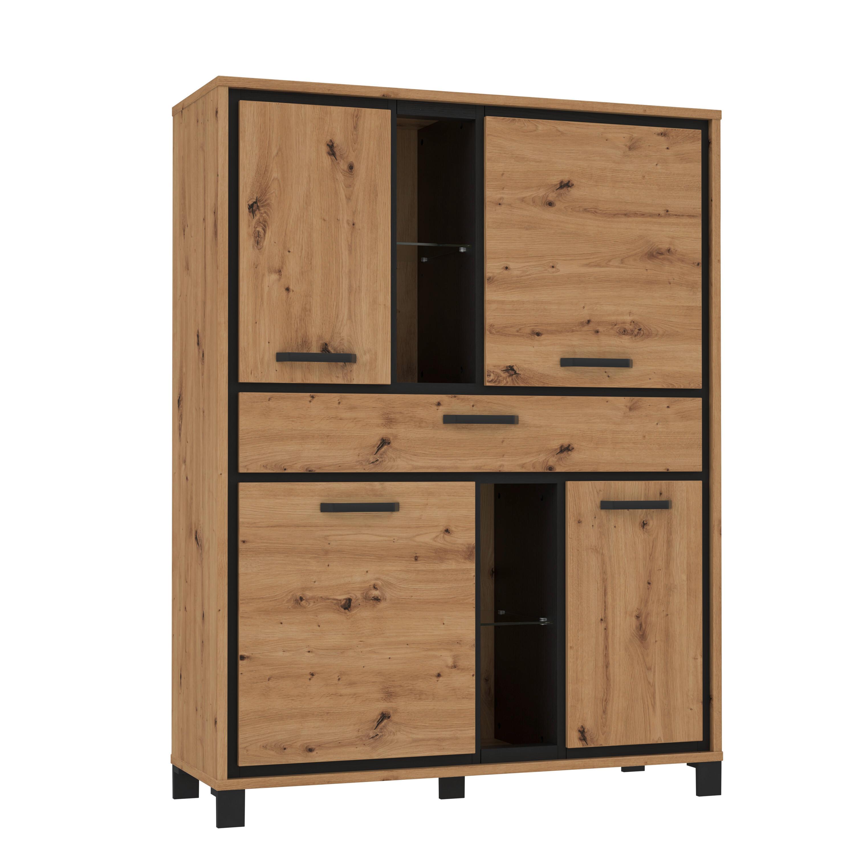 Highboard B: 120,4cm Trondheim Artisan Eiche Dekor/ Schwarz - Eichefarben/Schwarz, Basics, Glas/Holzwerkstoff (120,4/161/41,5cm) - Livetastic