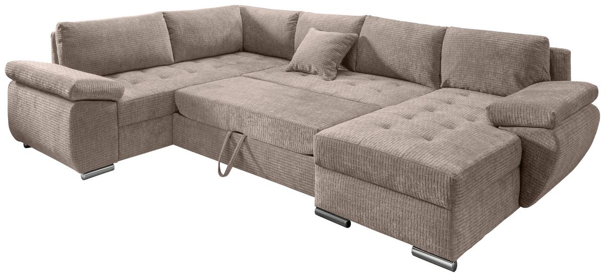 Wohnlandschaft Terana Beige mit Schlaffunktion, Mikrofaser - Chromfarben/Beige, KONVENTIONELL, Textil (219/305/157cm) - Livetastic