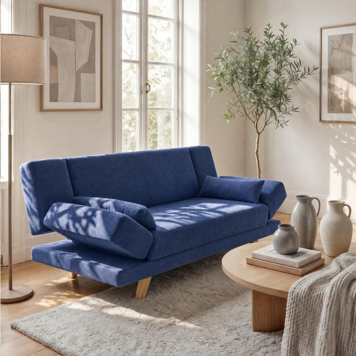 Pohovka FUNKY modrá - modrá/prírodná farba, Modern, drevo/textil (183/73/79cm) - Bessagi Home