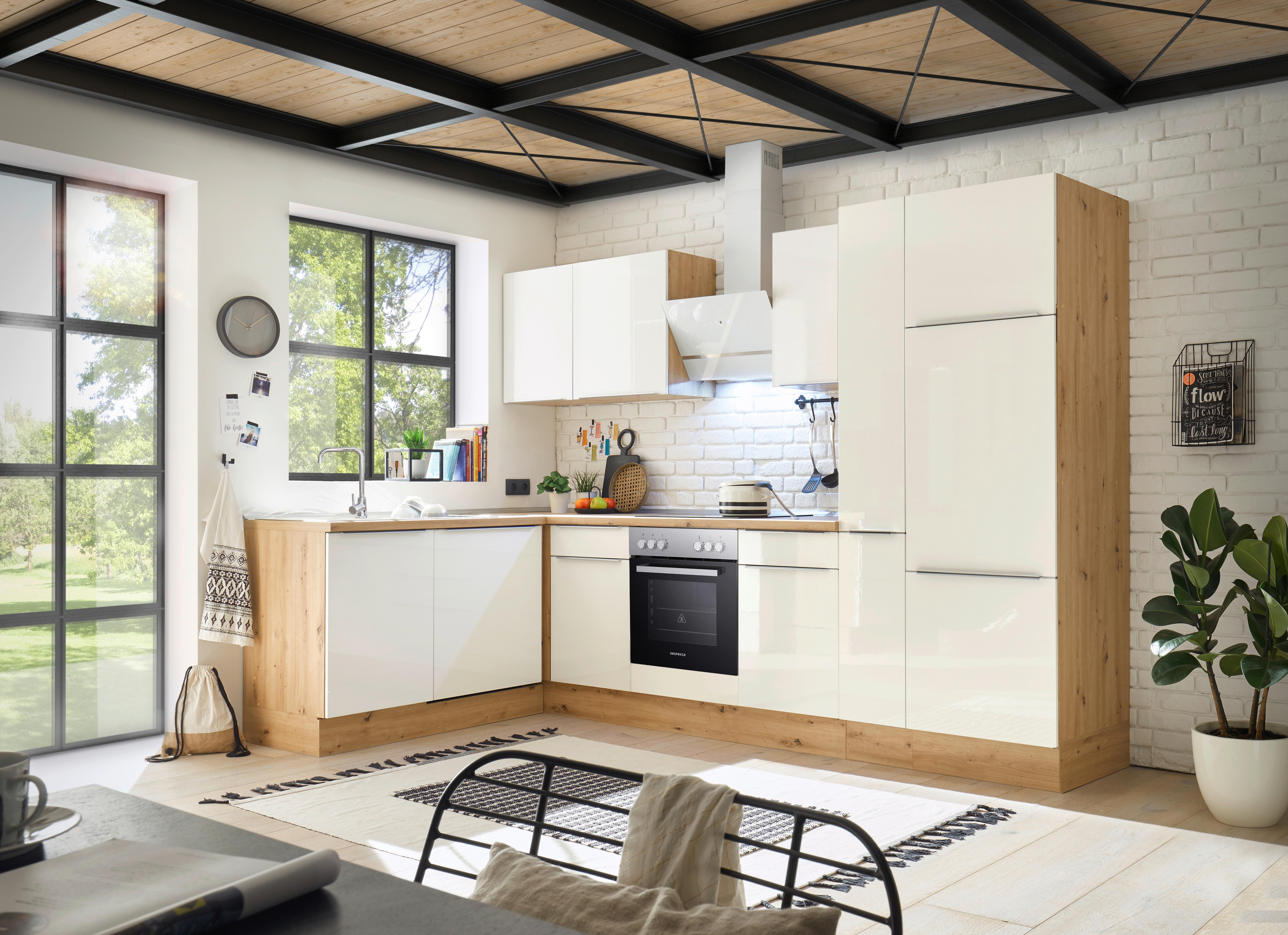 Eckküche mit Geräten 310x170 cm Weiß/Eiche Dekor, Modern - Weiß Hochglanz/Eiche Artisan, LIFESTYLE, Holzwerkstoff (170/310cm) - Respekta