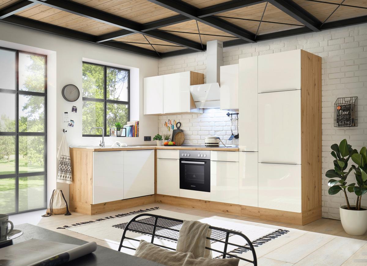 Eckküche mit Geräten 310x170 cm Weiß/Eiche Dekor, Modern - Weiß Hochglanz/Eiche Artisan, LIFESTYLE, Holzwerkstoff (170/310cm) - Respekta