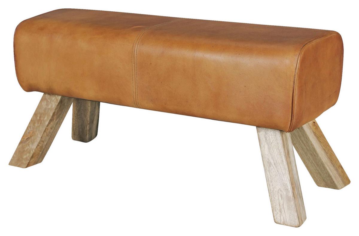 Taburetka Hocker pravá koža - hnedá, Natur, koža/drevo (90/43/30cm) - MID.YOU