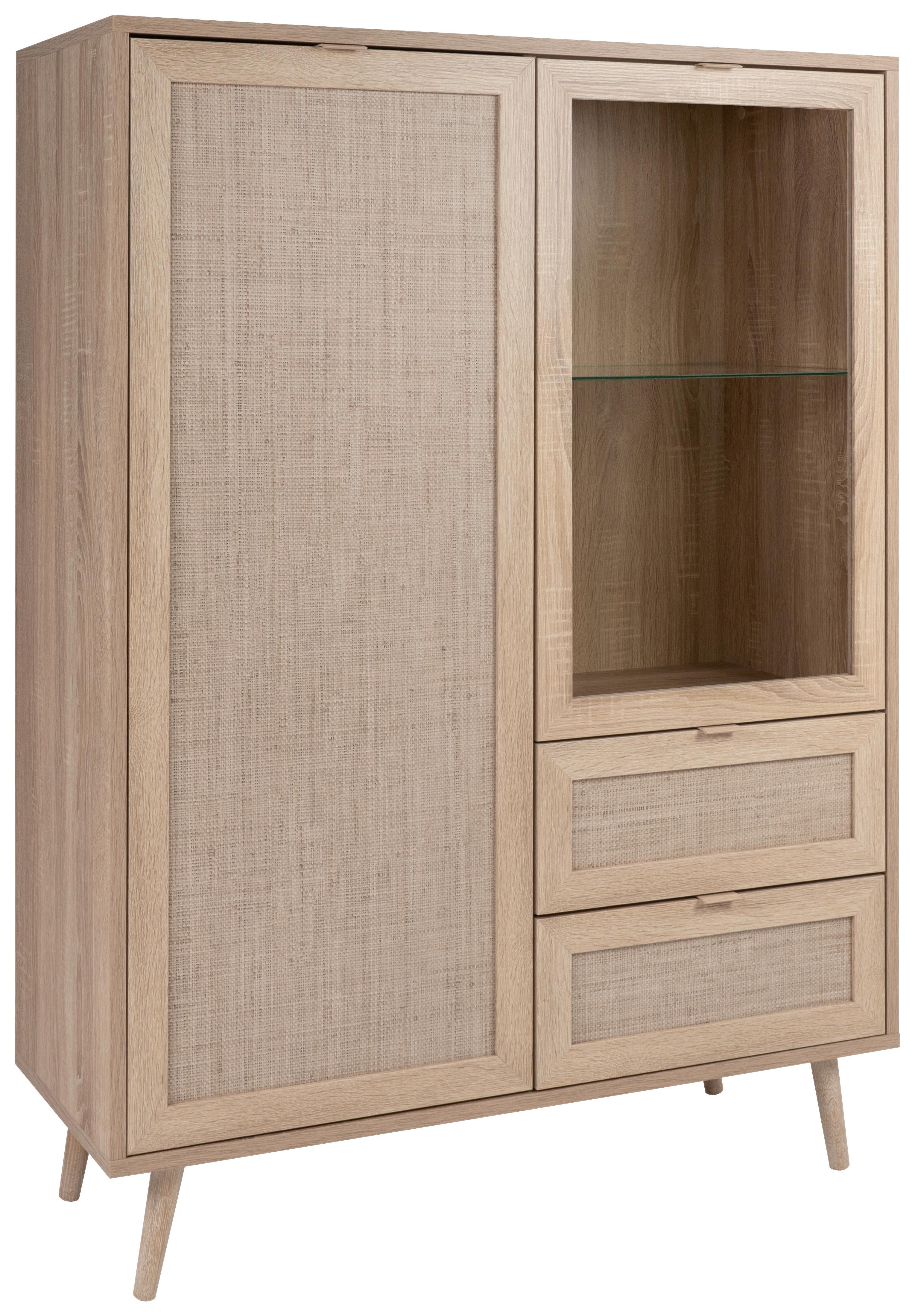 Highboard + Glastür 101,5 cm Bali, Eiche/Geflechtoptik