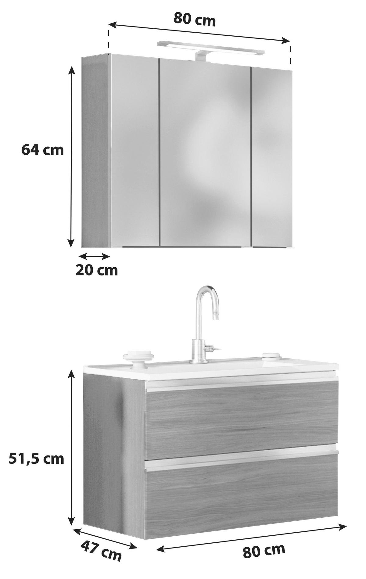 Badmöbel-set 3-tlg. Inkl. Led Arezzo B: 60cm, Eiche Dekor - Eichefarben/Silberfarben, Basics, Holzwerkstoff/Stein (80cm) - Held