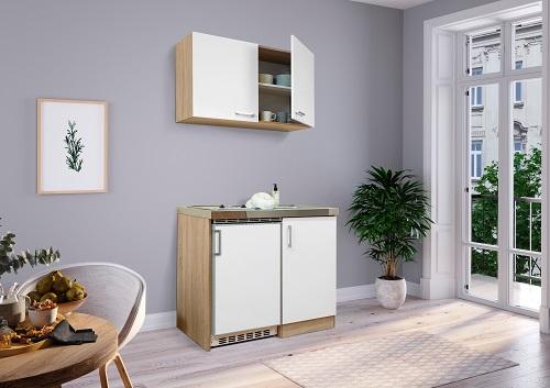 Miniküche mit Kühlschrank + Kochfeld 100 cm Weiß/Eiche - Edelstahlfarben/Eichefarben, MODERN, Holzwerkstoff/Metall (100cm) - Respekta