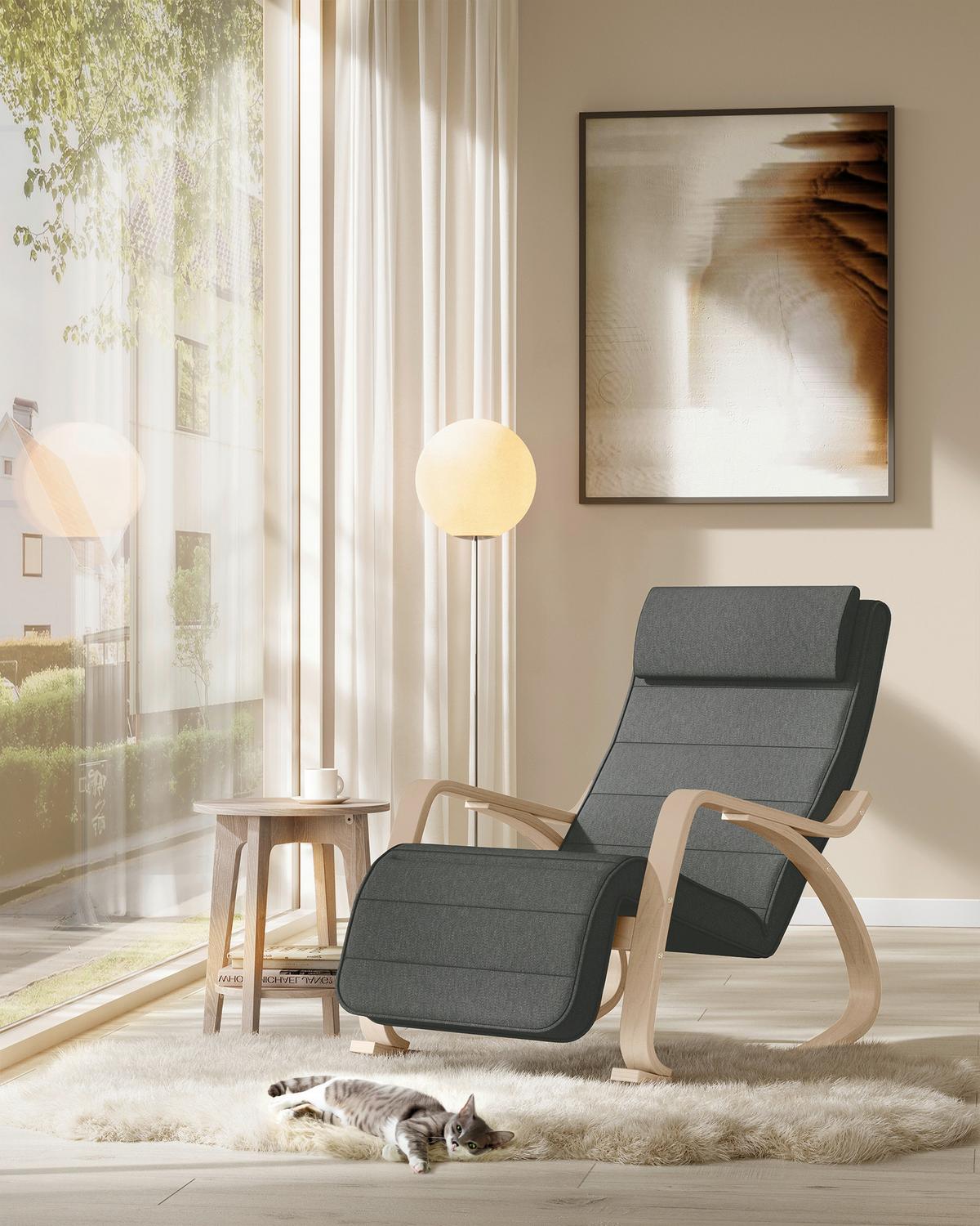 Relaxačné kreslo s vankúšom tmavosivé - farba brezy/tmavosivá, Basics, drevo/textil (121,5/84/67cm) - Boxxx
