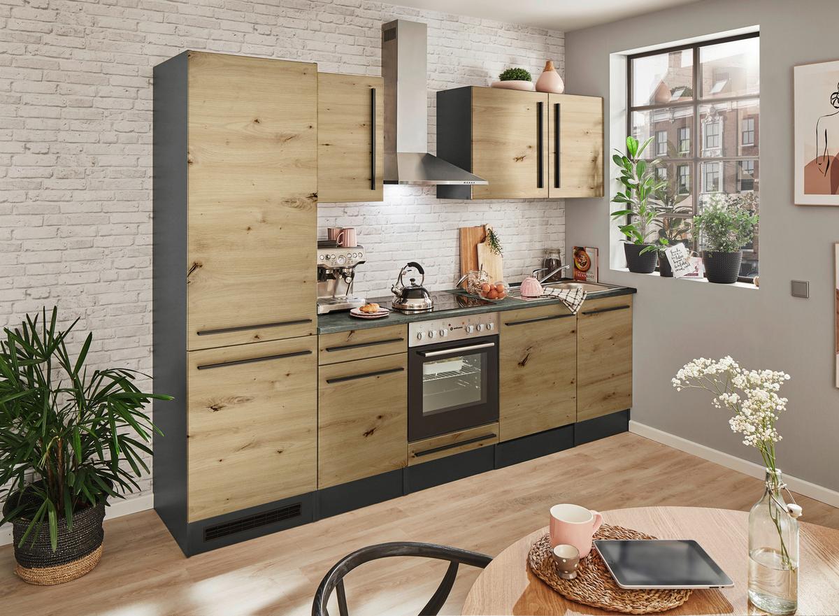 Küchenblock Jazz 8 Anthrazit/eiche Mit E-Geräten - Anthrazit/Eiche Artisan, LIFESTYLE, Holzwerkstoff (280cm) - MID.YOU