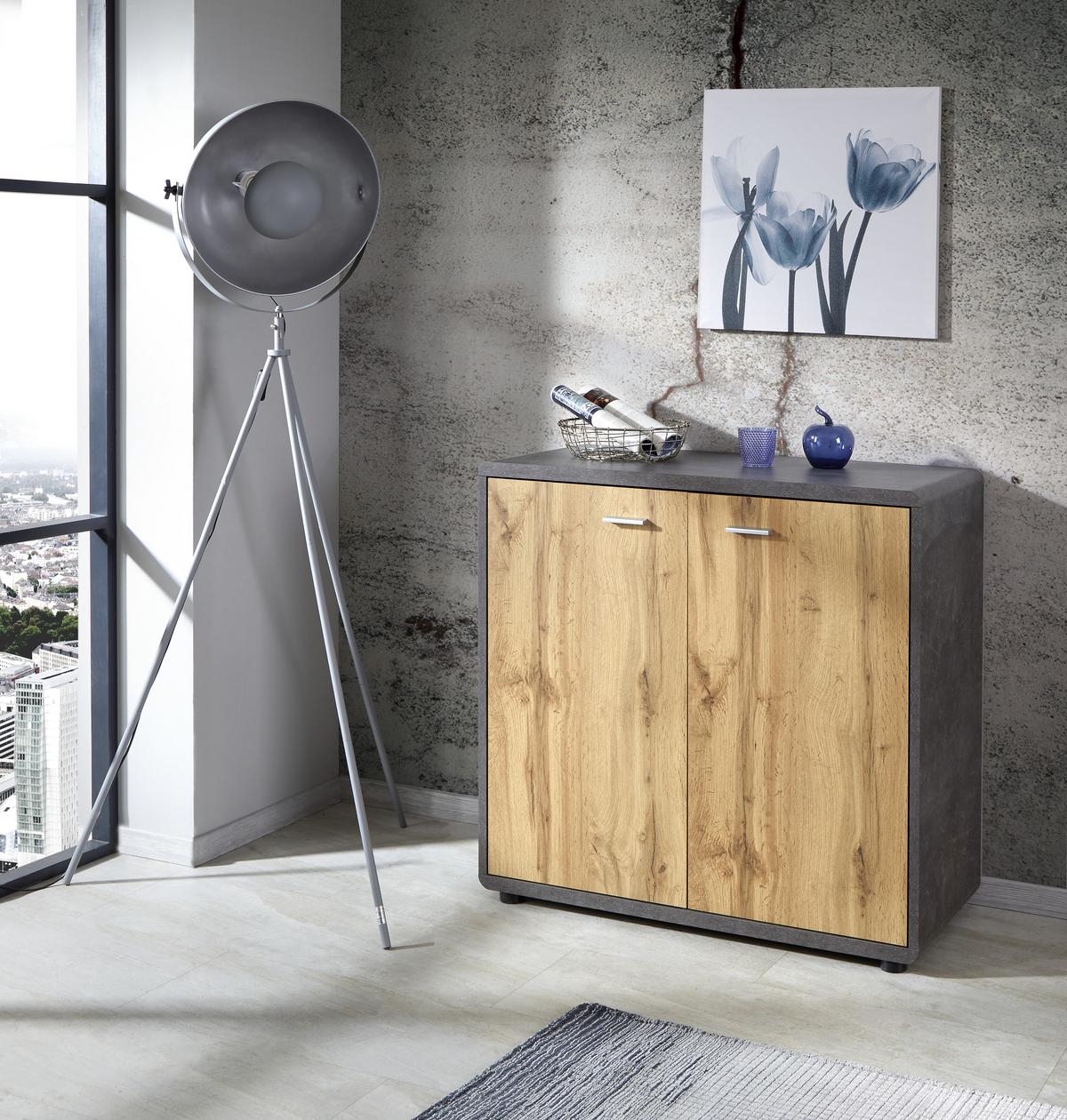 Komód Fontana 89/88 Cm - tölgyfa színű/sötétszürke, Modern, faalapú anyag (89,2/87,2/40cm)