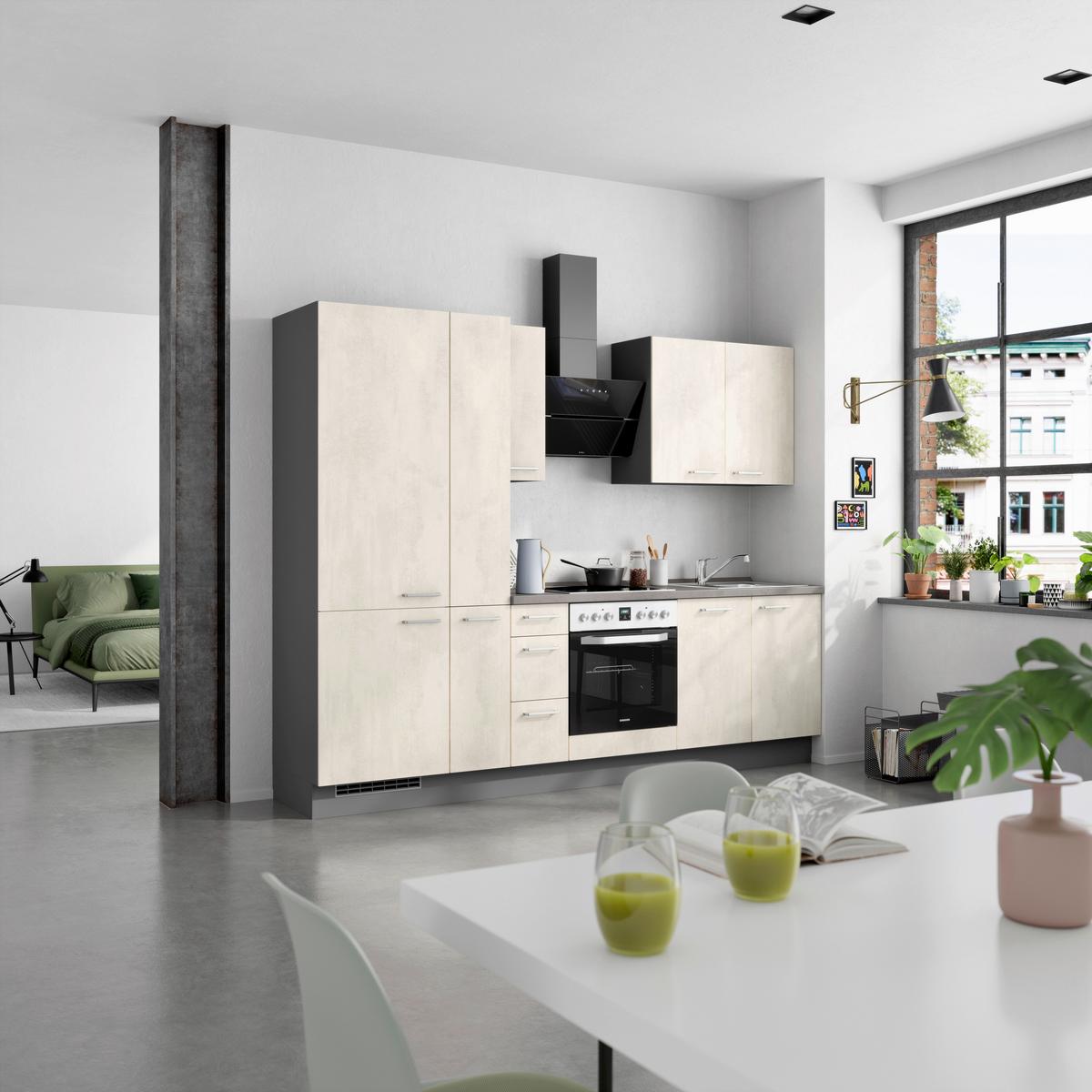 Kuchynská linka 270CM biely betón/ bridlicová šedá - biela/farba ušľachtilej ocele, Modern, kov/kompozitné drevo (270cm) - Nobilia