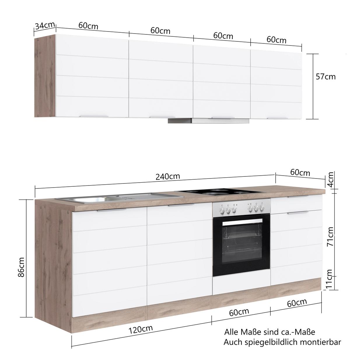 Küchenzeile Florenz mit Geräten 240 cm Weiß/Eichefarben - Eiche Wotan/Weiß, Design, Holzwerkstoff (240cm) - Held