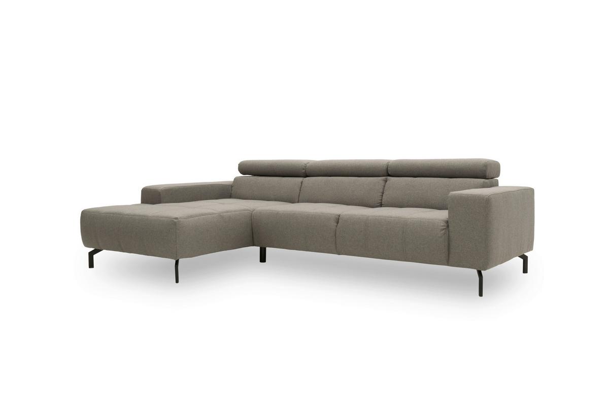 Ecksofa mit silberfarbenem Webstoffbezug und Longchair links