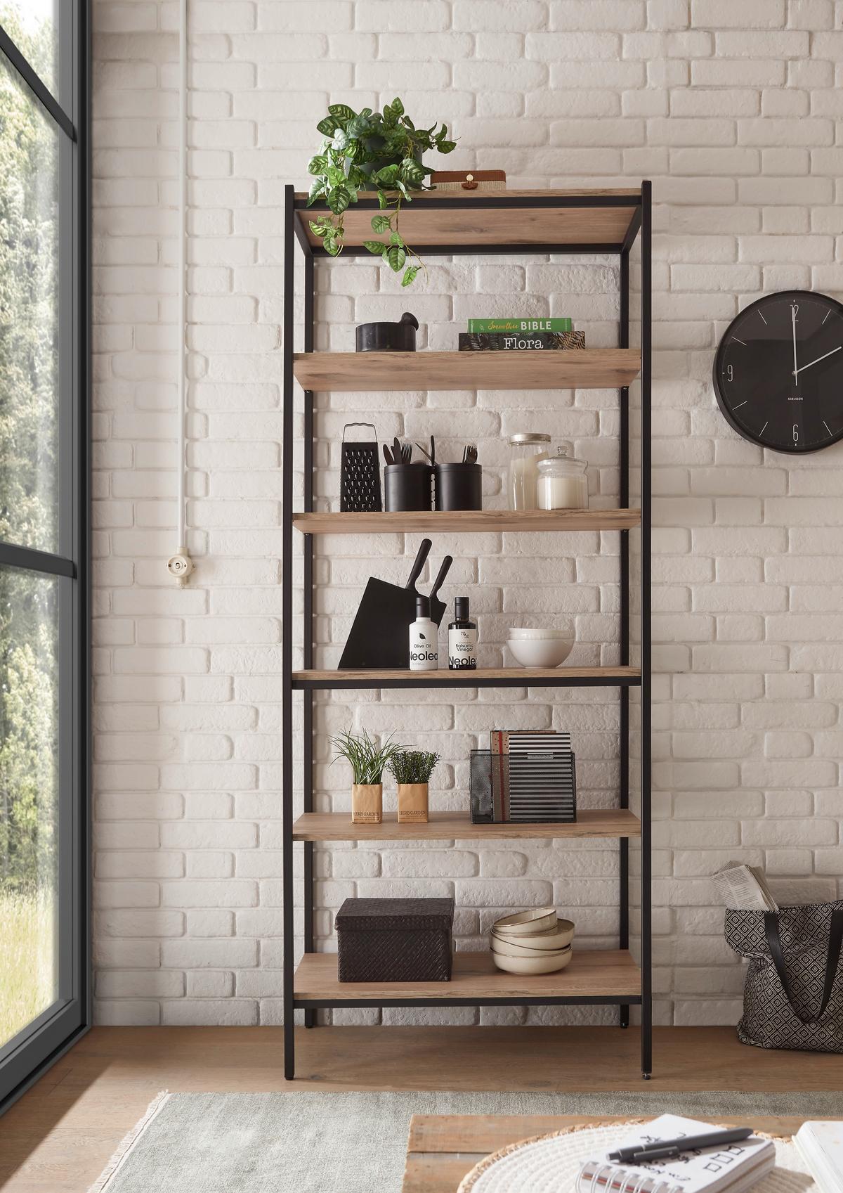 REGÁL RACK - čierna/farba duba, Basics, kov/kompozitné drevo (80/195/40cm) - P & B