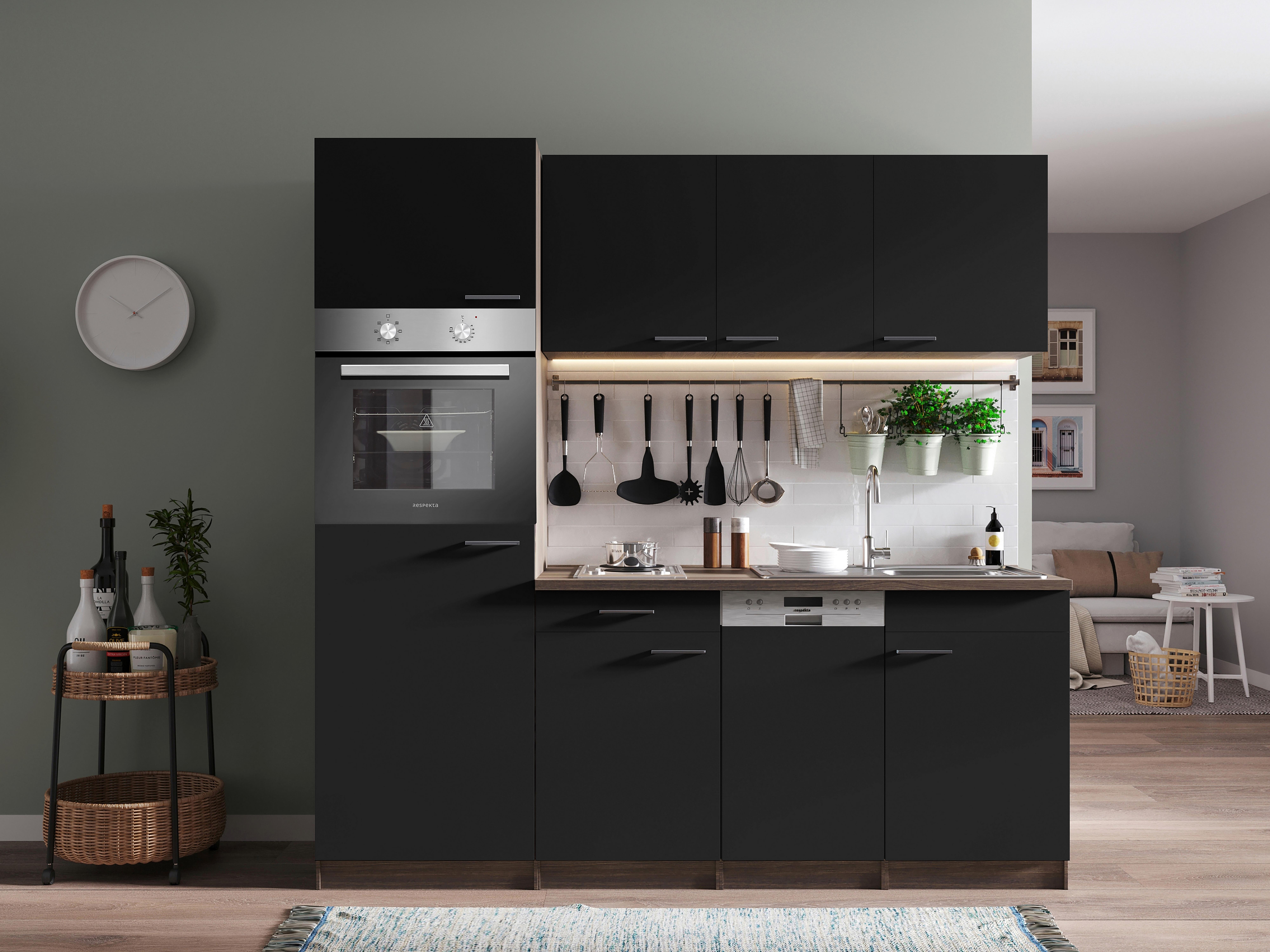 KÜCHENBLOCK OLIVER SINGLEKÜCHE 205 CM - Eichefarben/Schwarz, Basics, Holzwerkstoff (205cm) - Respekta