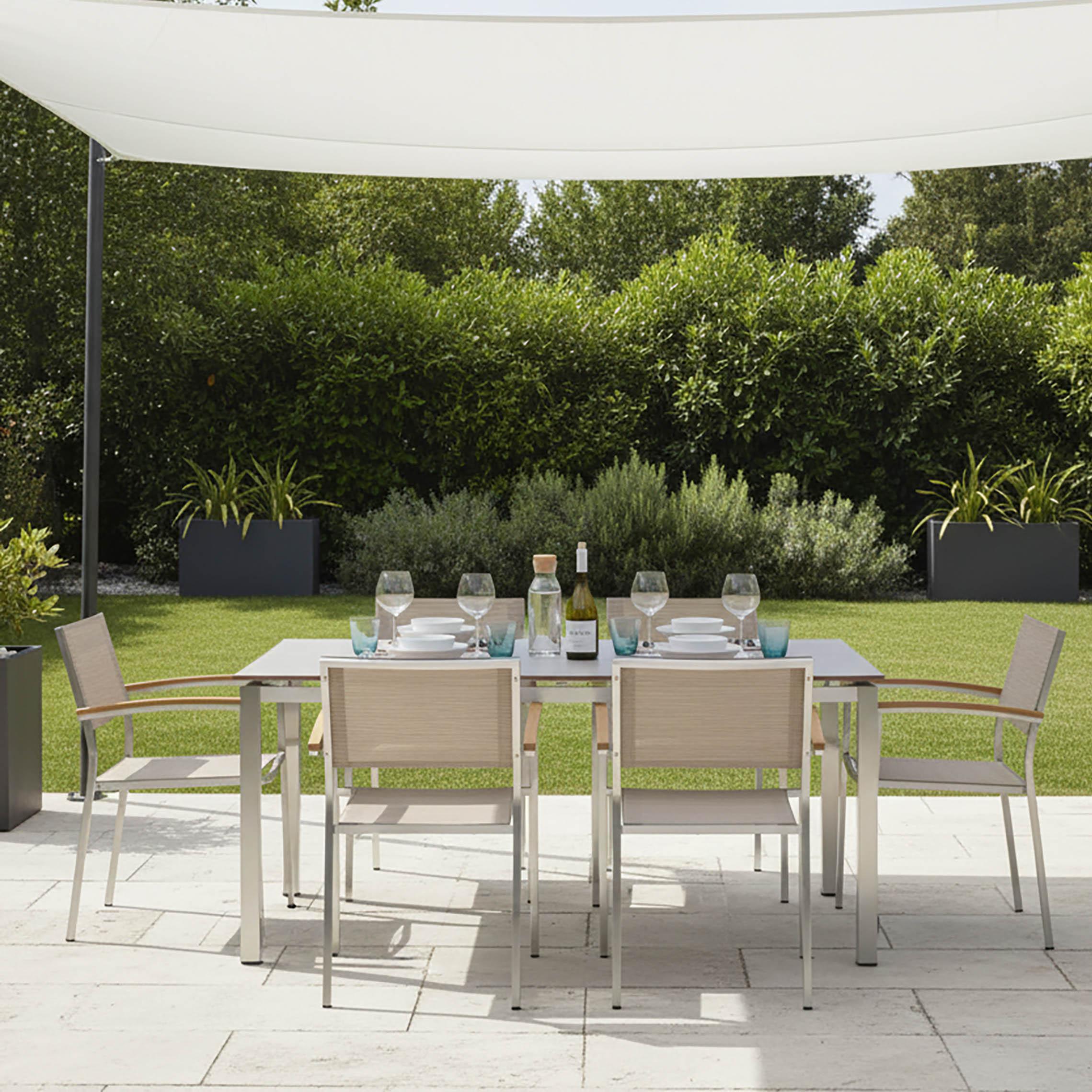 Gartengarnitur 7-Tlg. Skye Metall/Kunststoff/Holzdekor - Platinfarben/Braun, Basics, Holzwerkstoff/Textil (150/89/90cm) - Gardenson