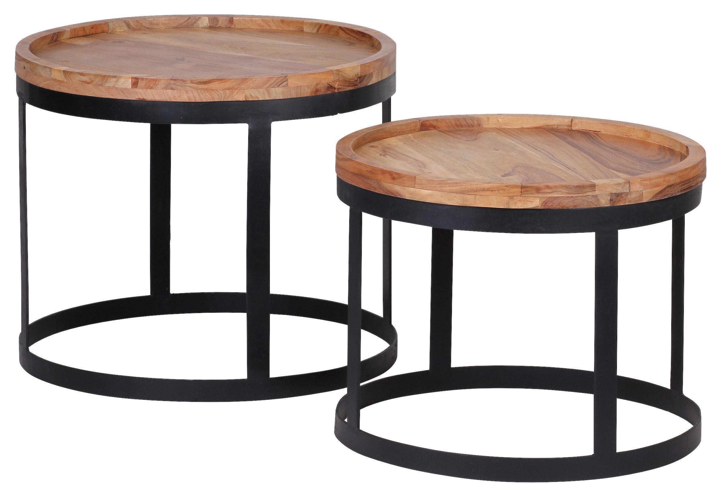 Beistelltisch 2er-Set Rund Mit Holzplatte Akola, Akazie - Schwarz/Akaziefarben, Design, Holz/Metall (53/48/53/48/45/40cm) - MID.YOU