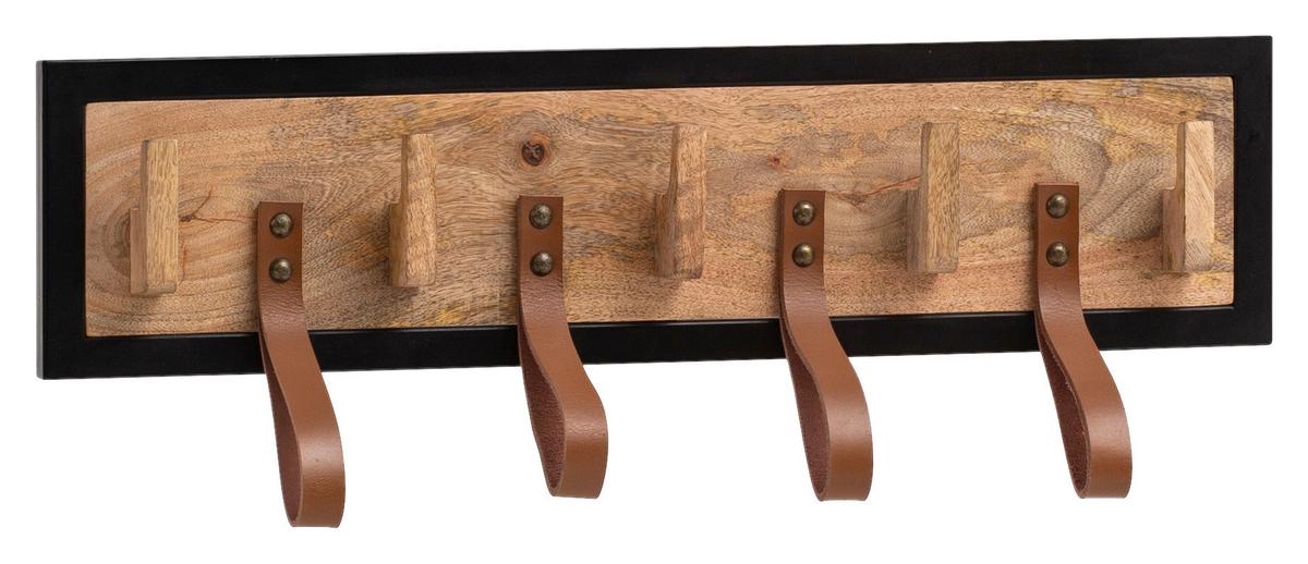 Nástenný vešiak mangové drevo - hnedá/čierna, Design, kov/koža (60/15/6cm) - MID.YOU