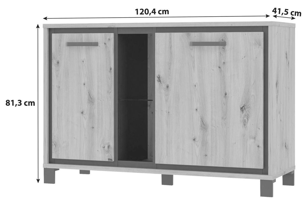 Kommode B: 120,4 cm Trondheim, Eiche Dekor/Schwarz - Eichefarben/Schwarz, Basics, Glas/Holzwerkstoff (120,4/81,3/41,5cm) - Livetastic