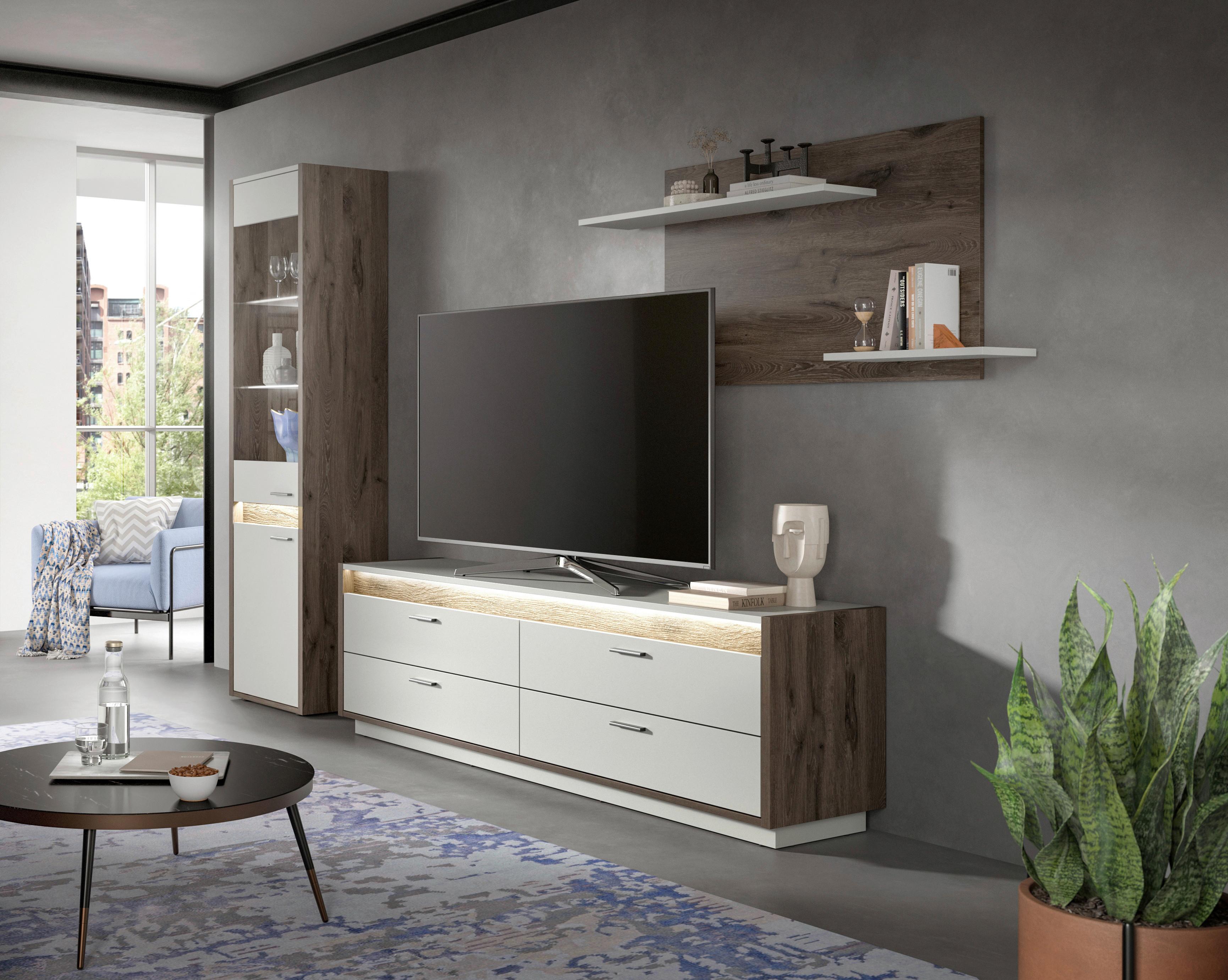 Wohnwand Hellgrau Nb, Nox Oak Dekor - Hellgrau, Design, Glas/Holzwerkstoff (268/198/43cm) - MID.YOU