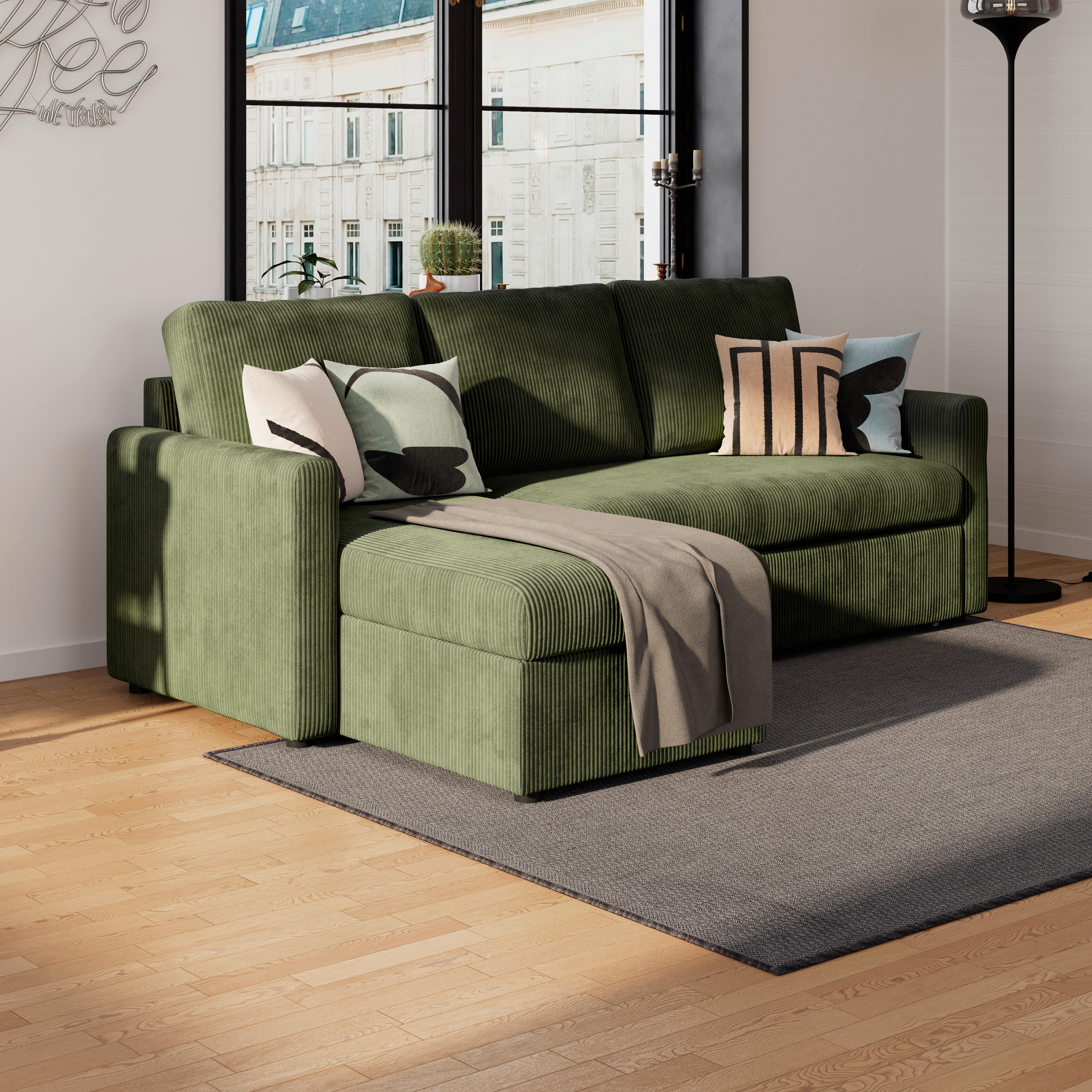 Ecksofa mit Schlaffunktion Paris Grün Cord 215x145cm - Schwarz/Grün, Basics, Holz/Holzwerkstoff (215/145cm)