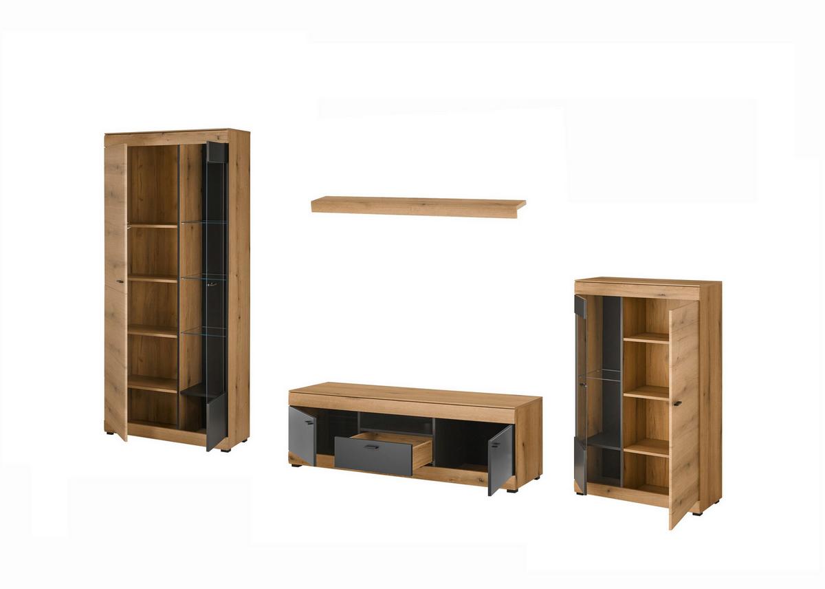 Wohnwand Soleto Graphit/Eichefarben B: 350cm - Eichefarben/Schwarz, Design, Glas/Holzwerkstoff (350/201/45cm) - MID.YOU