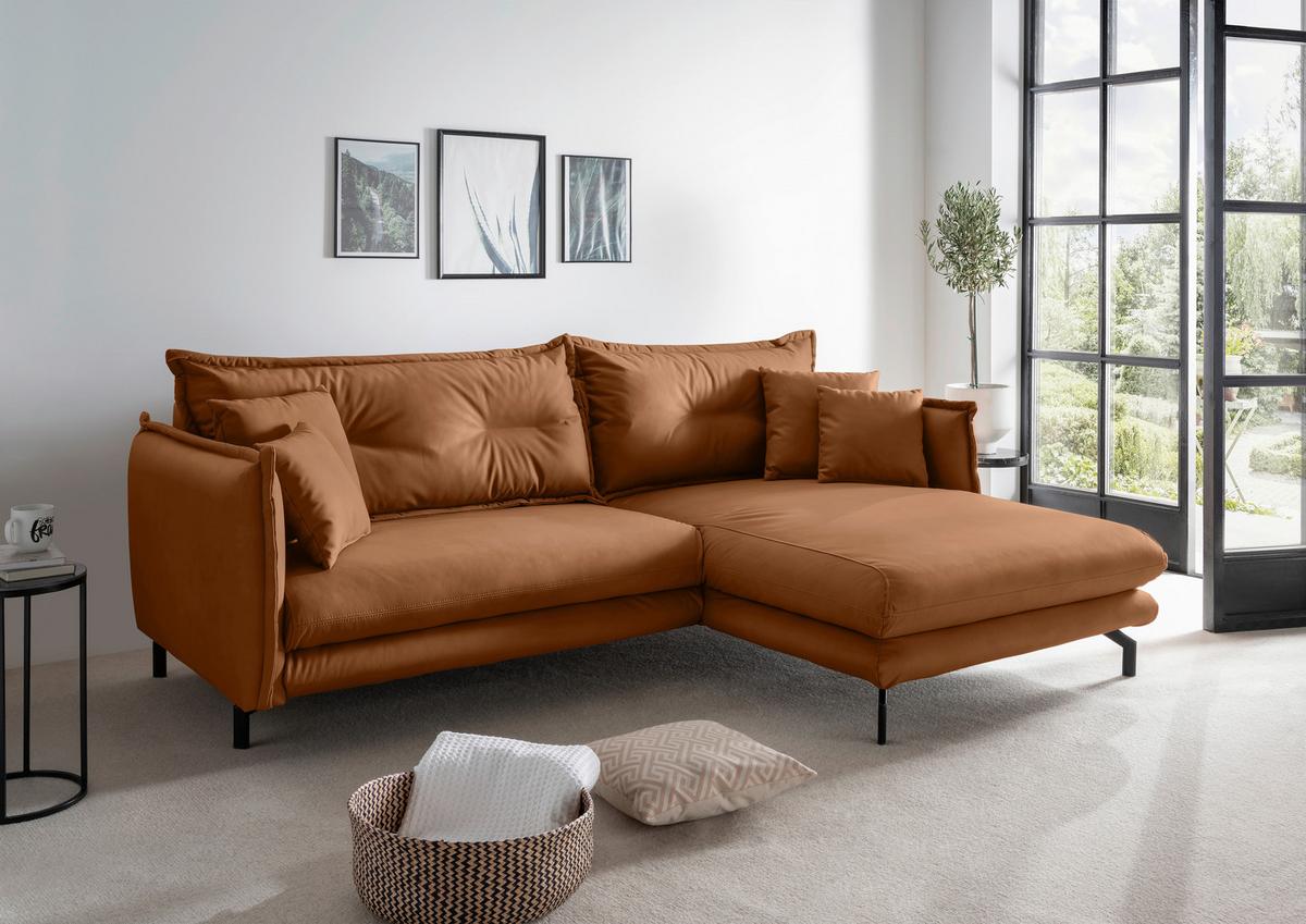 Ecksofa Lava Cognac S: 255x180cm - Cognac/Schwarz, MODERN, Textil (255/180cm) - Livetastic