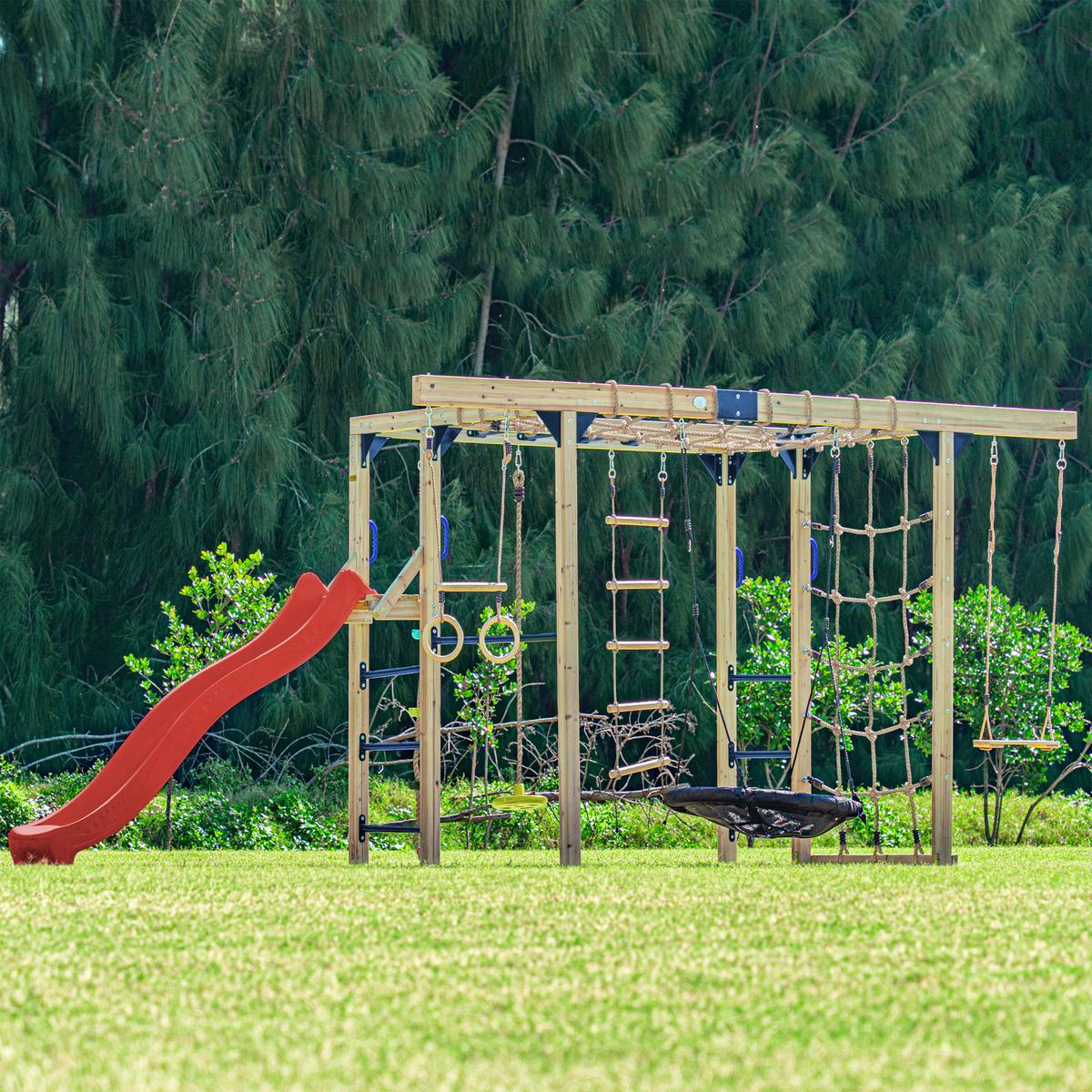 Klettergerüst mit Rutsche Rot - Blau/Rot, Basics, Holz/Kunststoff (522,5/196,2/205cm) - Ambia Garden