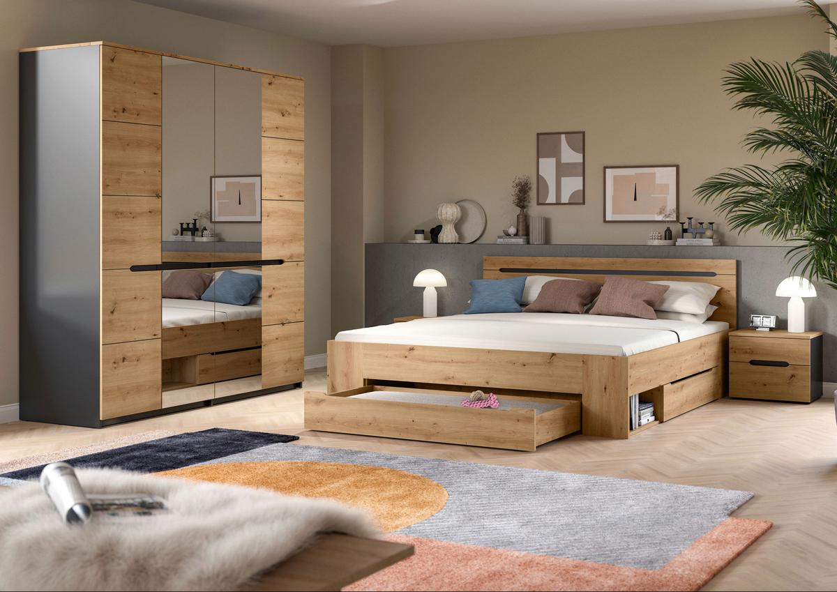 Schlafzimmer Canu Grau /Eiche Artisan Dekor 4--Teilig - Eiche Artisan/Grau, MODERN, Holzwerkstoff - MID.YOU