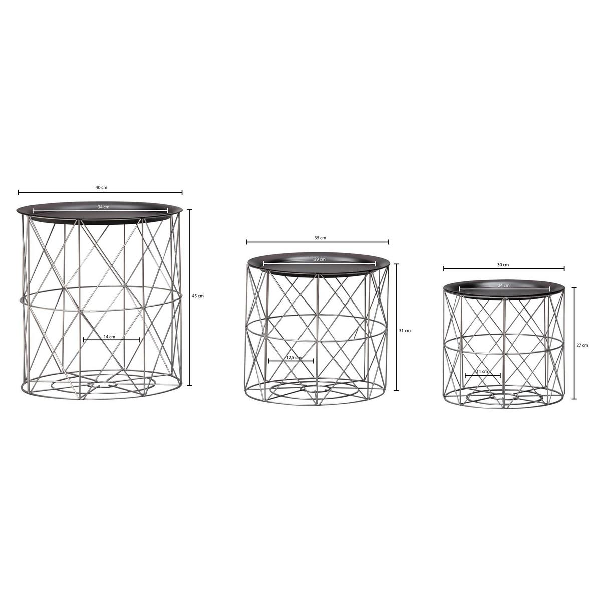 Couchtisch rund abnehmbare Tischplatte 3er-Set, Schwarz - Silberfarben/Schwarz, MODERN, Metall (40/40/45cm) - MID.YOU