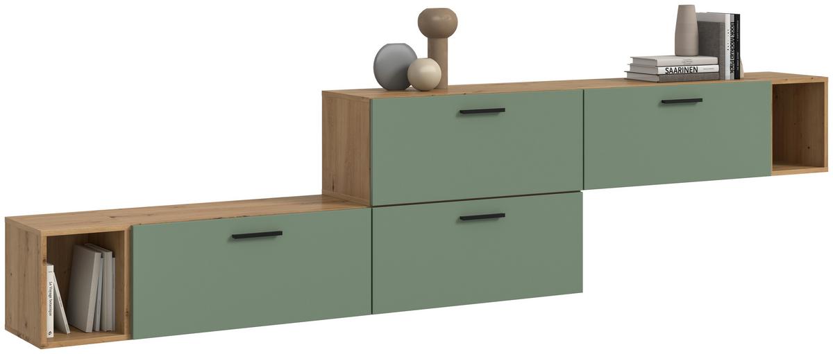 Wohnwand, The ONE 4, B: 276 cm Olivgrün/Artisan Eiche Dekor - Schwarz/Weiß, Trend, Holzwerkstoff (276/97/34cm)