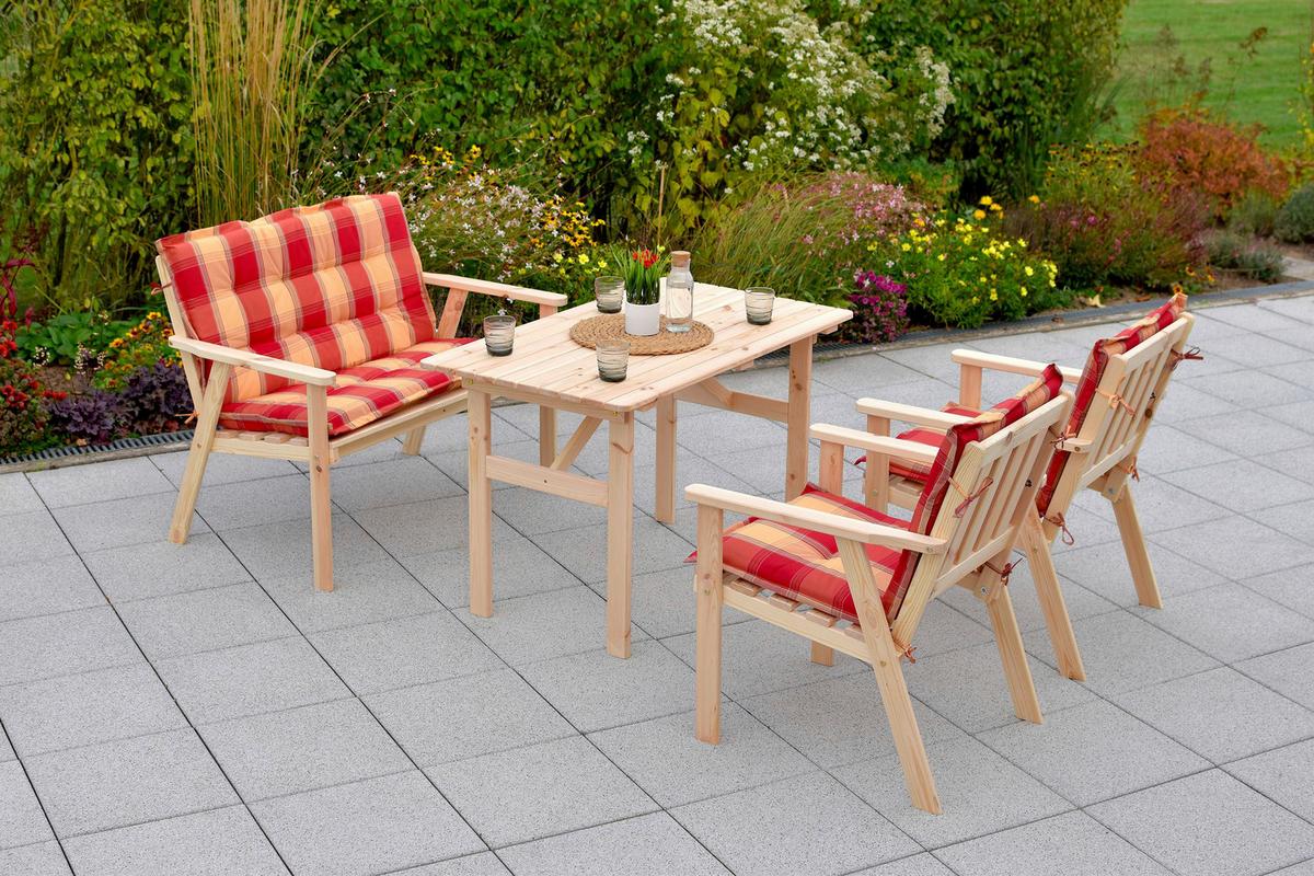 Gartenmöbel Set 7-Tlg. Sylt Kiefer Echtholz mit Kissen - Rot/Naturfarben, MODERN, Holz/Kunststoff - Gardenson