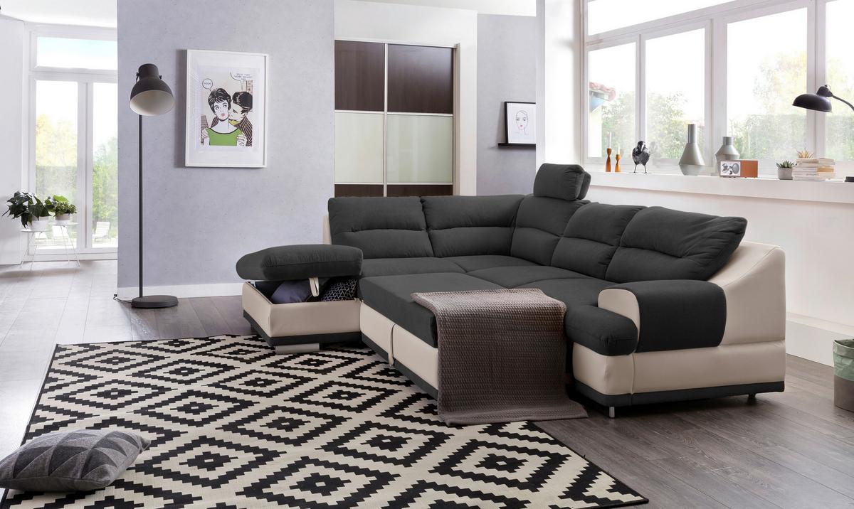 Ecksofa mit Schlaffunktion & Bk, Seaside Schwarz/Sandfarben - Sandfarben/Chromfarben, KONVENTIONELL, Textil (217/264cm) - MID.YOU