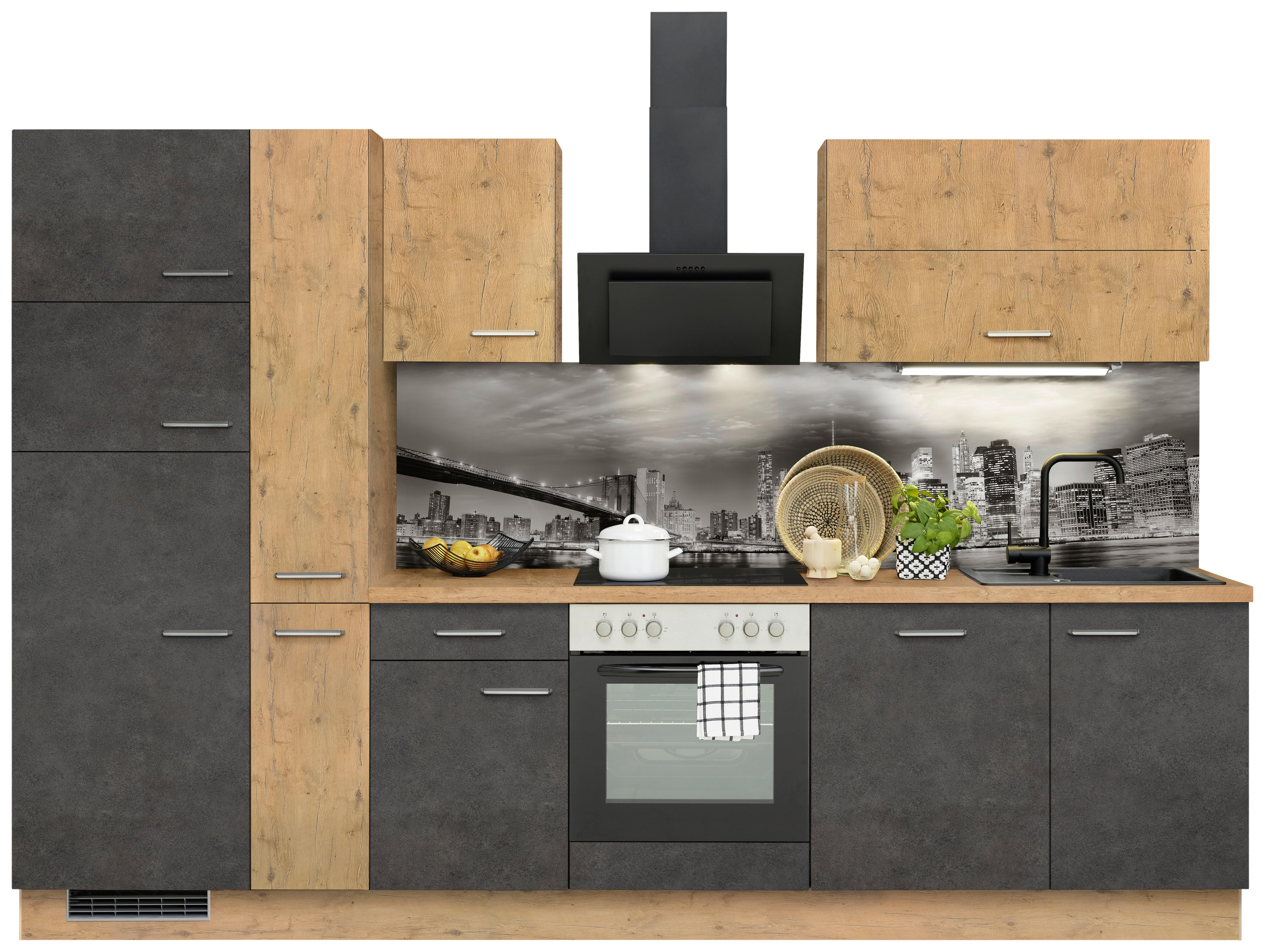 Küchenzeile Ip1200 mit Geräte B: 310 cm Grau/Eiche Dekor - Eichefarben, Basics, Holzwerkstoff (310cm) - Impuls