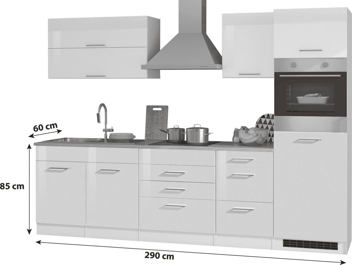 Küchenzeile Mailand Mit Geräten 290 Cm Weiß Dekor Hochglanz - Weiß Hochglanz/Eichefarben, MODERN, Holzwerkstoff (290cm) - Held
