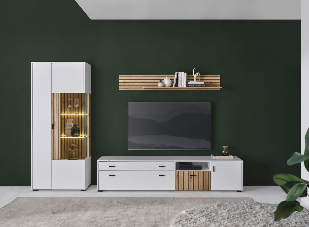 Hudson Wohnwand Weiß/Eichefarben B: 328 cm - Eichefarben/Schwarz, Design, Glas/Holzwerkstoff (328/180/42cm) - MID.YOU