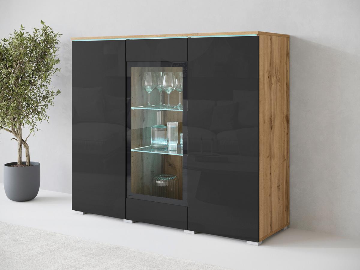 Highboard 120cm Vera Schwarz/Wotan Eiche - Schwarz Hochglanz/Eiche Wotan, Trend, Glas/Holzwerkstoff (120/103,3/39,5cm) - P & B