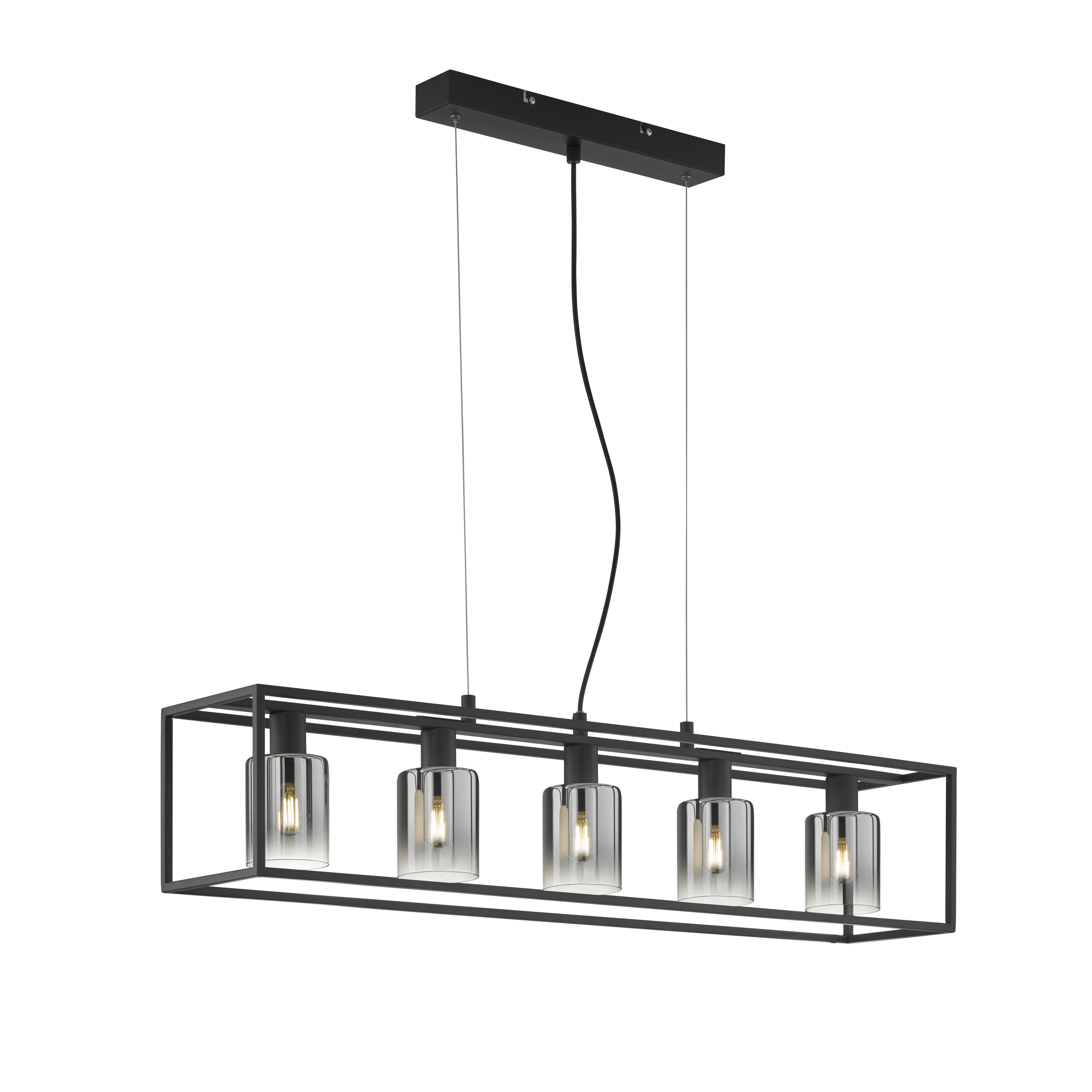 Hängeleuchte Iska H: 120 cm 5-Flammig, Rauchglasschirm - Schwarz, Design, Glas/Metall (95/18/120cm) - Fischer & Honsel