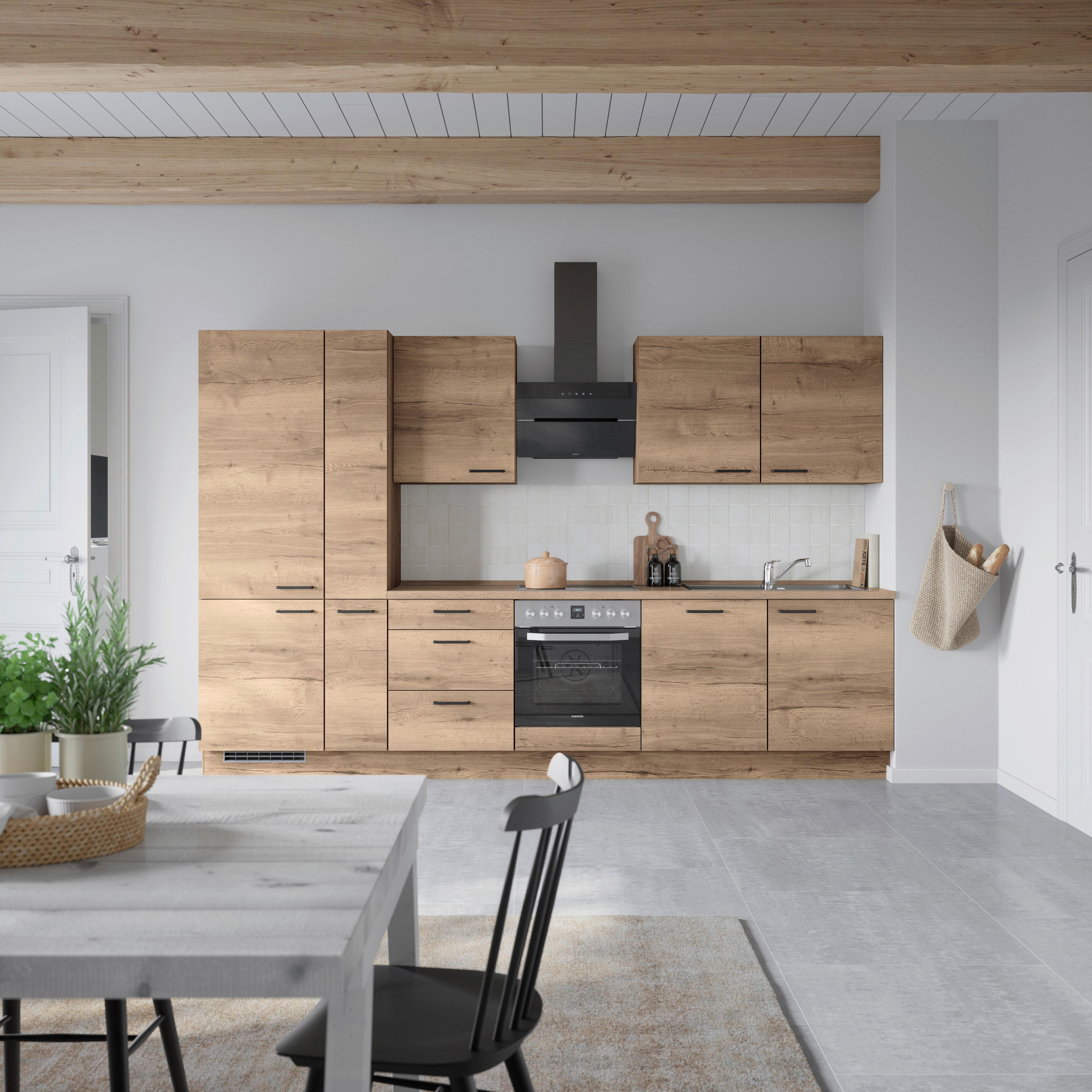 Kuchyňská linka 330 cm, dekor dub Havanna - černá/tmavý dub, Moderní, kov/kompozitní dřevo (330cm) - Nobilia