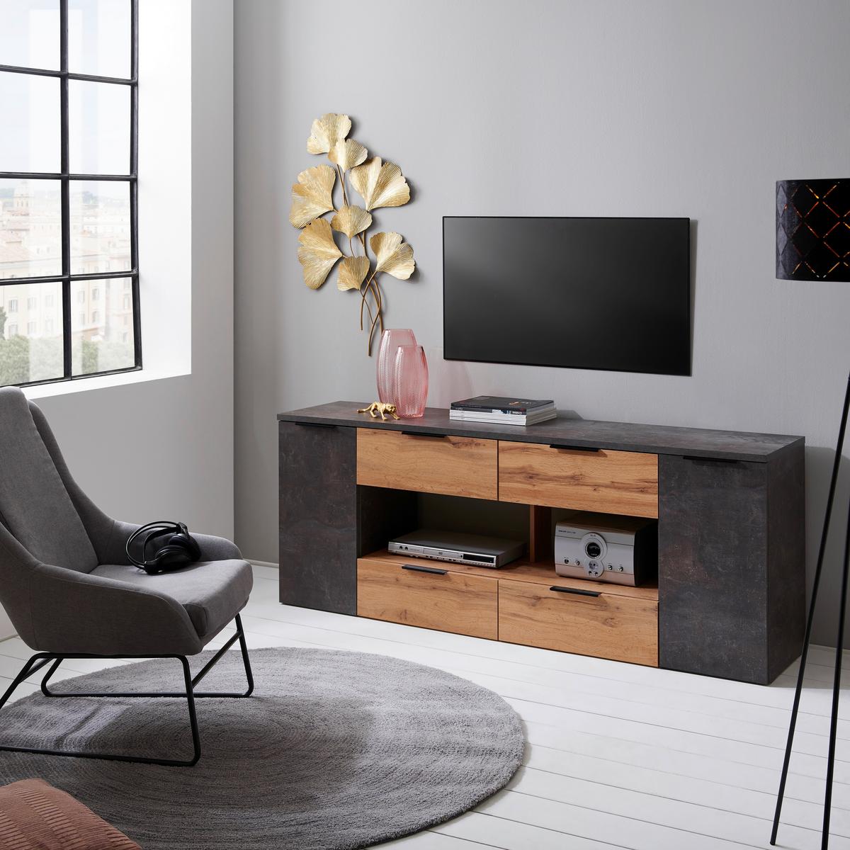 Phonotisch Bernd 180 Cm Eiche Dekor/betonoptik - Grau, MODERN, Holzwerkstoff (180/70/40cm)