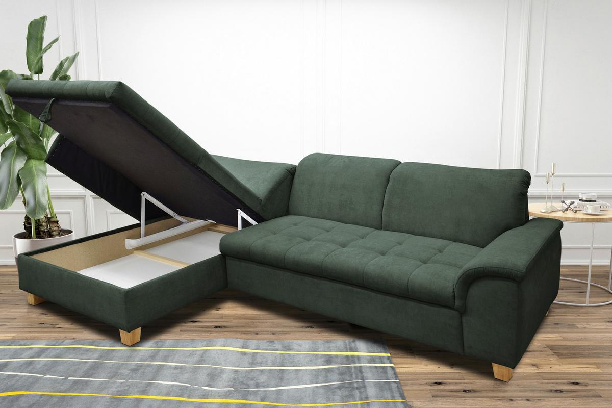 Ecksofa Mit Schlaffunktion & Bettkasten Franzi Grün - Eichefarben/Grün, KONVENTIONELL, Textil (170/279cm) - MID.YOU