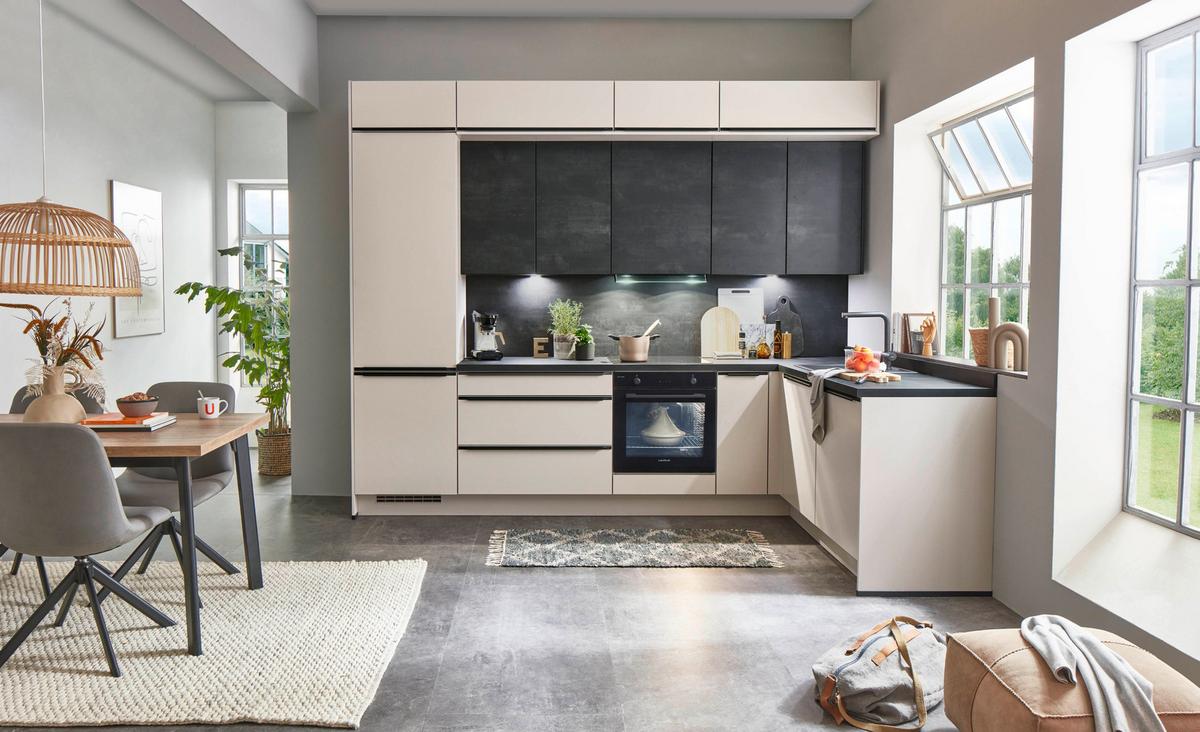 Eckküche Las Vegas - Sandfarben/Dunkelgrau, MODERN, Holzwerkstoff (307/187cm) - Vertico