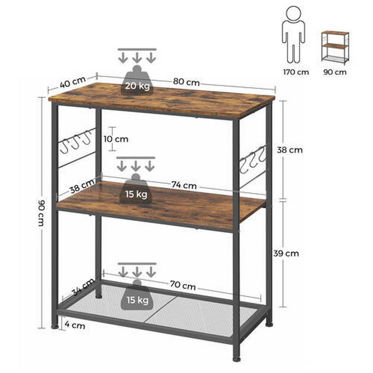 Kücheninsel Vasagle Braun, Schwarz, 80x90x40 cm - Schwarz/Braun, Basics, Holzwerkstoff/Metall (80/90/40cm) - Boxxx