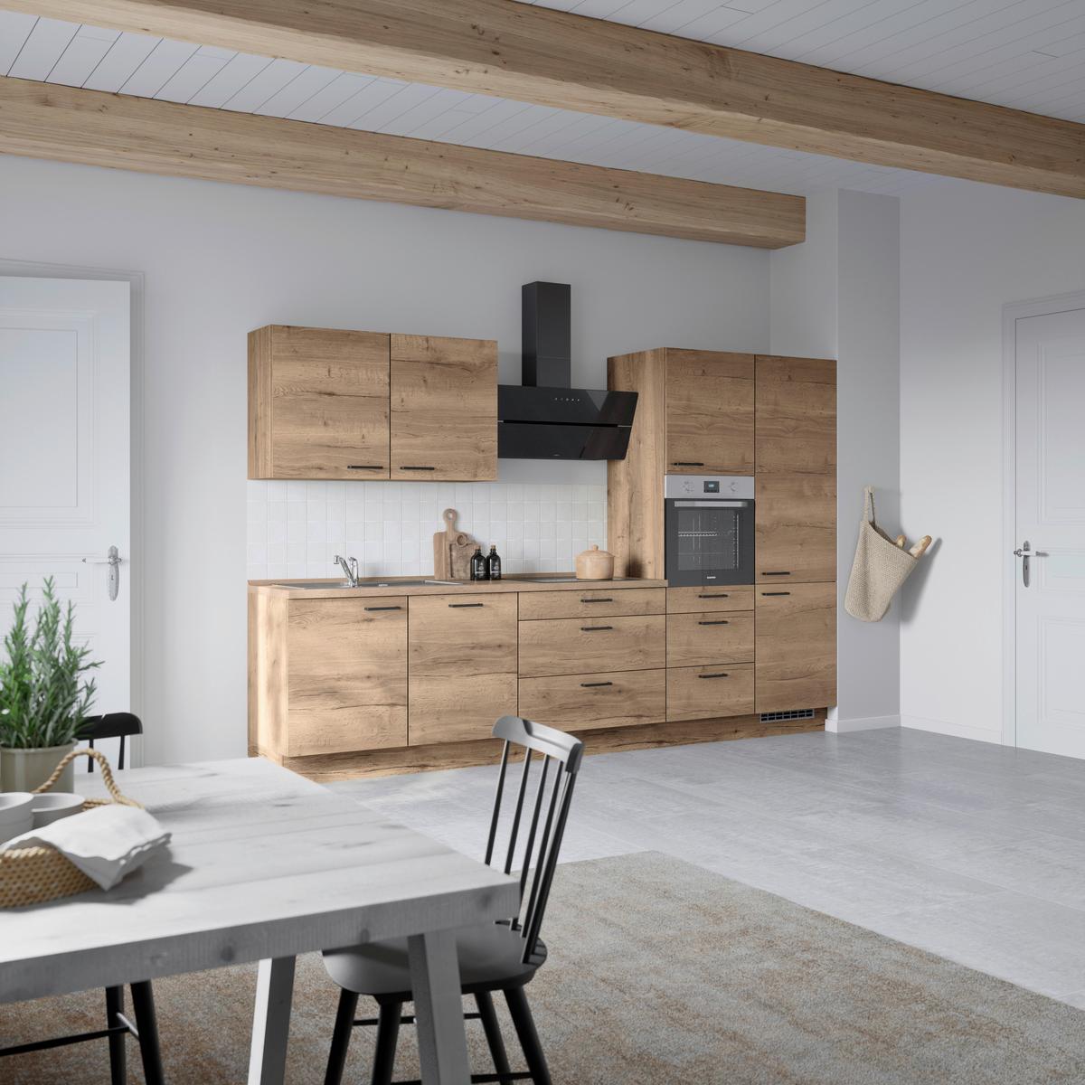 Kuchyňská linka 330 cm, dekor dub Havanna - černá/tmavý dub, Moderní, kov/kompozitní dřevo (330cm) - Nobilia