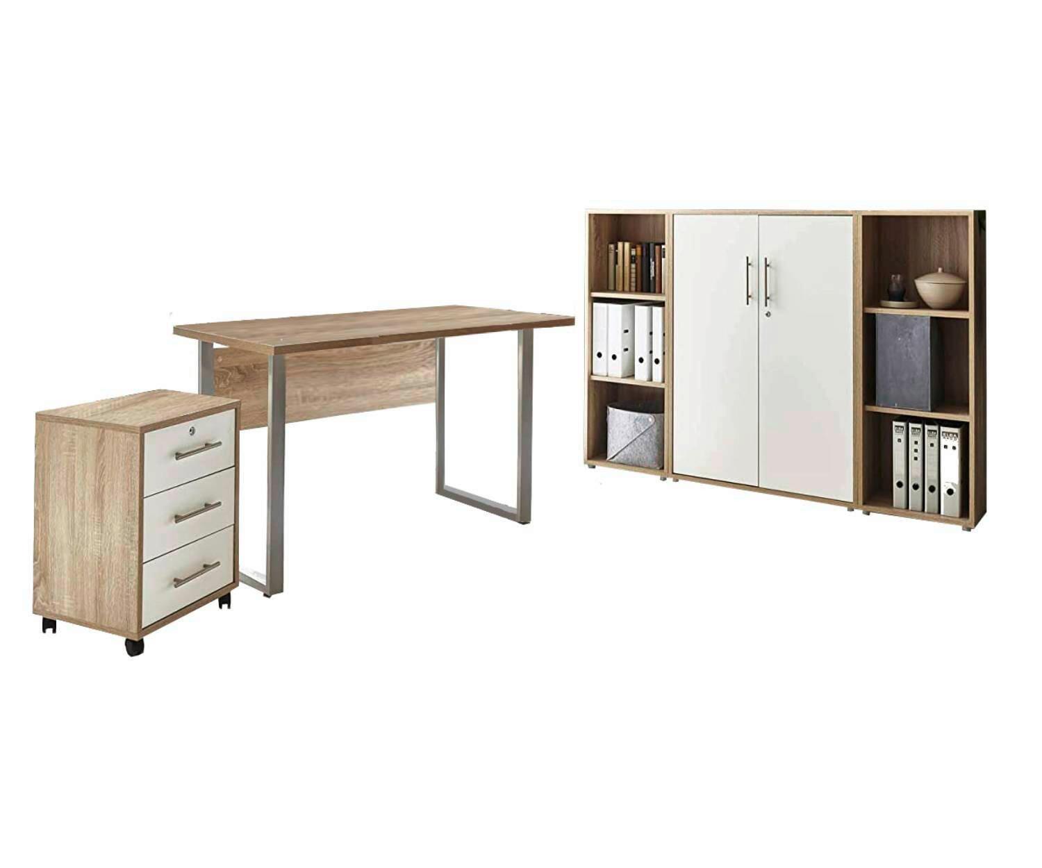 Büro Office Edition Mini Set Weiß/sonoma Eiche Dekor - Weiß/Sonoma Eiche, MODERN, Holzwerkstoff/Metall - MID.YOU