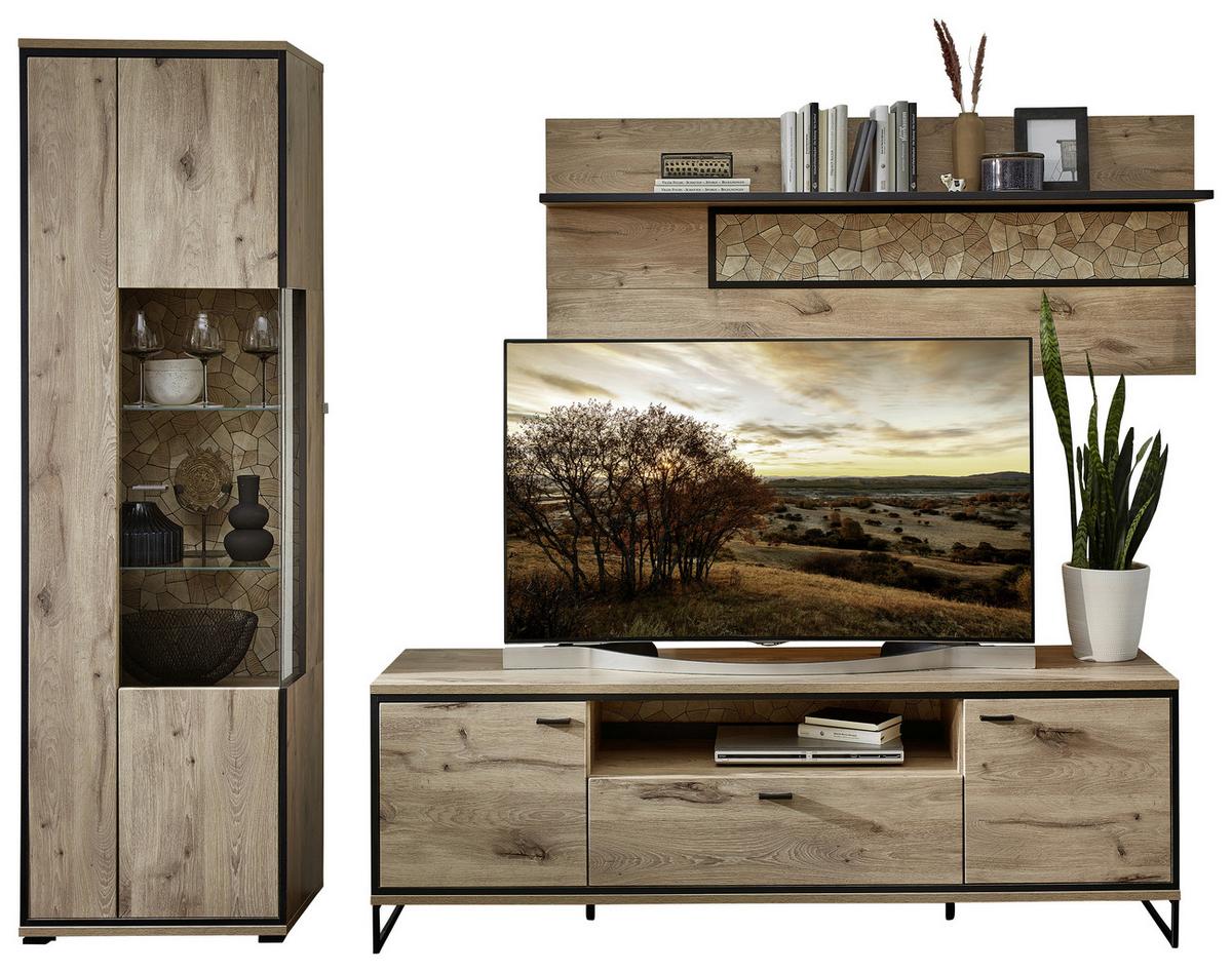 Wohnwand Ruben - Eichefarben/Schwarz, KONVENTIONELL, Glas/Holzwerkstoff (270/205/49cm) - Livetastic