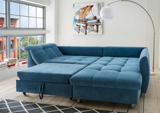 Große Liegefläche für Übernachtungsgäste Blaue Wohnlandschaft in L-Form mit Schlaffunktion