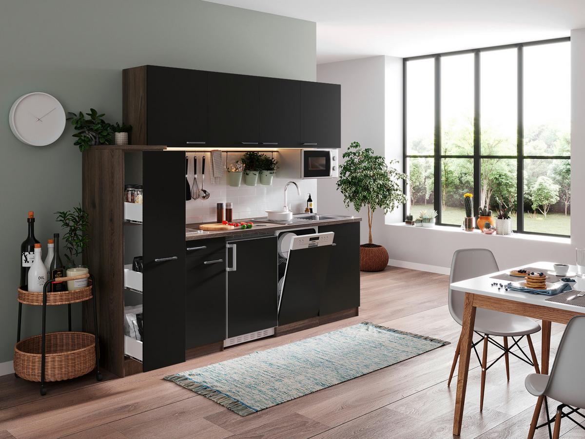 Küchenblock Oliver Singleküche 225 Cm - Eichefarben/Schwarz, Basics, Holzwerkstoff (225cm) - Respekta
